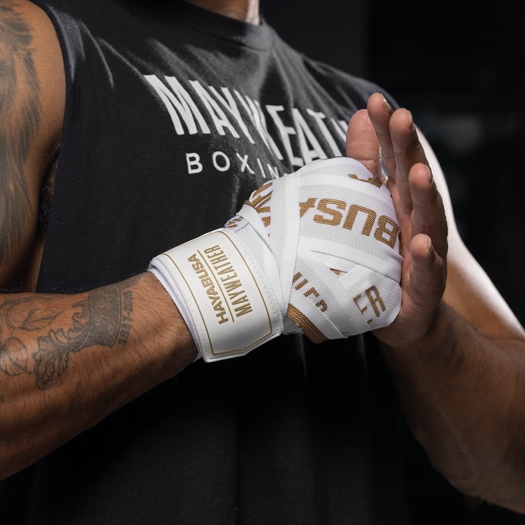 Hayabusa Boxbandagen Mayweather Deluxe 4,5m unelastisch, Weiß-Gold 3